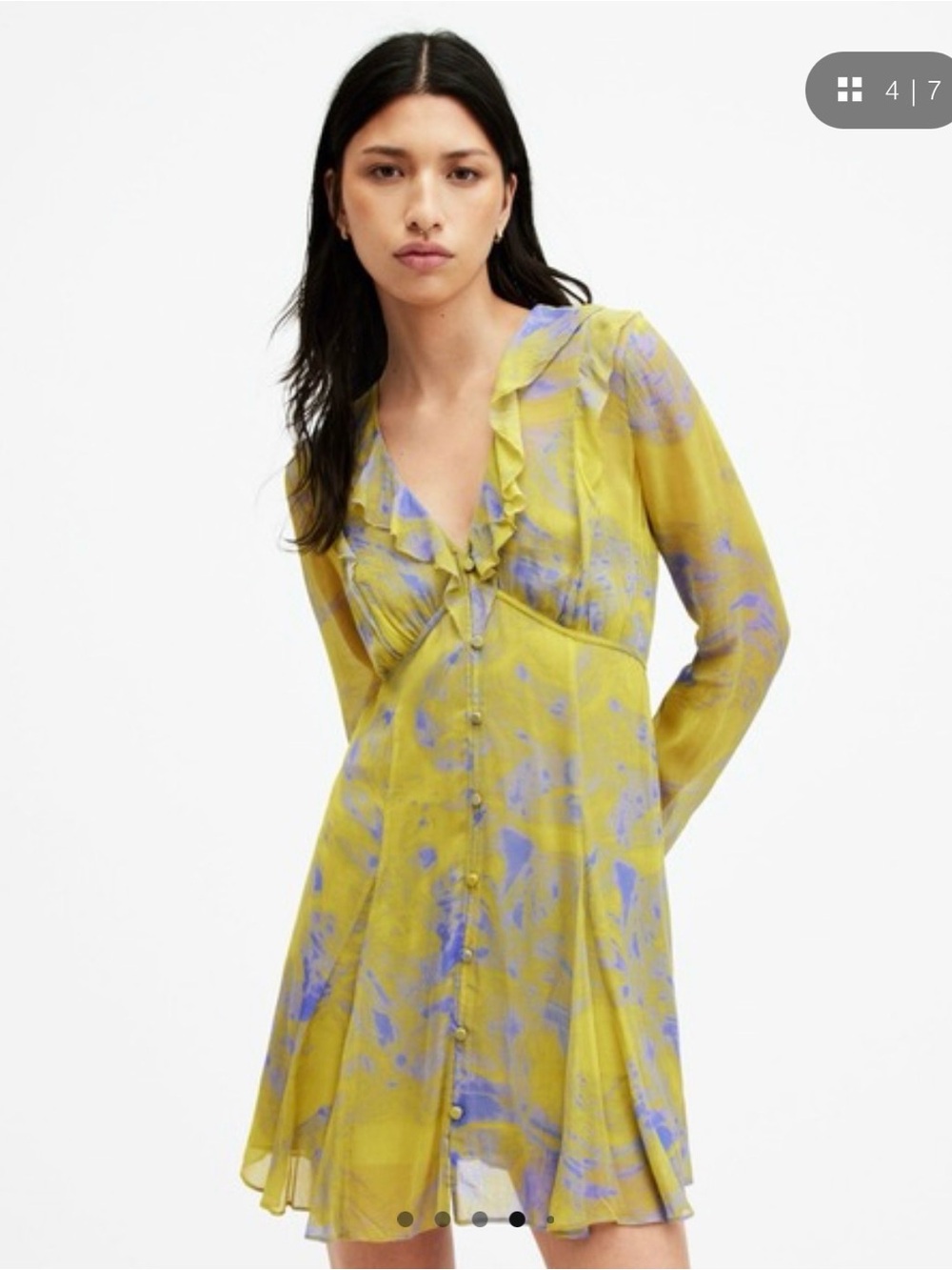 AllSaints Yellow and Lavender Ruffle V-Neck Long Sleeve Mini Dress